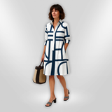 Petra – Elegantna Midi Haljina s Geometrijskim Uzorkom