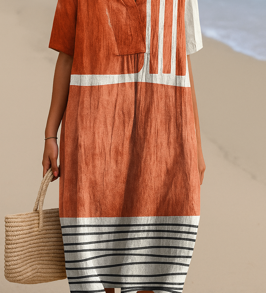 Eva – Elegantan midi haljina u terracotta boji s grafičkim prugama
