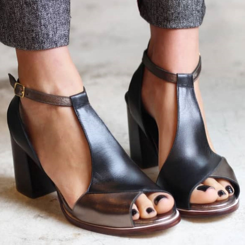 Simona – Elegantne crne sandale s visokom potpeticom u patchworku