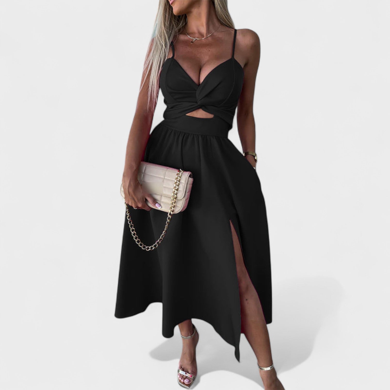 Nika – Elegantna midi haljina s prorezom od svile